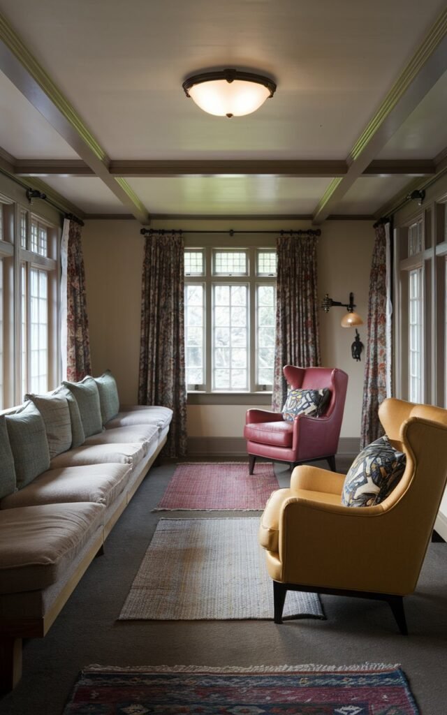 A photo of a craftsman-style living room with a long, narrow layout. There's a slim sofa with cushions along one wall, and two accent chairs in contrasting colors with patterned pillows on the opposite wall. The ceiling has a light fixture. The floor has rugs. The windows have thick curtains.