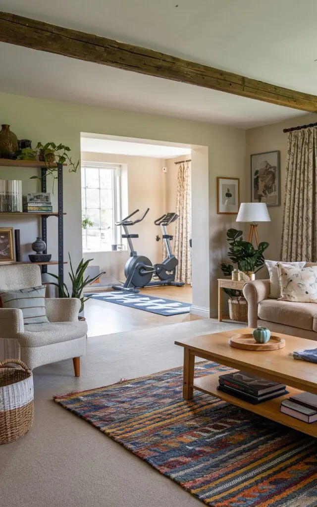 A photo of a living room in an English countryside home. There is a Lilihan rug on the floor. A Playa rug is visible in the background, placed in a home-gym space. The room has a beige sofa, a wooden coffee table, and a bookshelf. A lamp and a plant add to the room's decor.