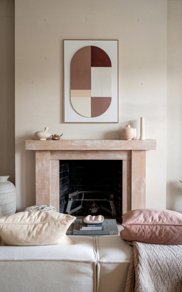 A photo of a minimalistic Scandi living room with a fireplace. The fireplace has a decorated Pearl Auburn Unfinished Fireplace Mantel Shelf. Above the hearth, there's a sleek, modern art piece. The room has pale-colored furniture and textured pillows, blankets on it. The light is diffused and soft.