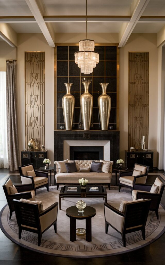A photo of a stunning Art Deco living room with tall gold vases on a black mantelpiece. The room has a high ceiling and is well lit. There is a chandelier hanging above the mantelpiece. The room has a well laid-out layout with a sofa, chairs, and a coffee table arranged in a semi-circle around a central area rug. The walls have decorative panels with geometric patterns. There is a window with curtains on the left side of the room.