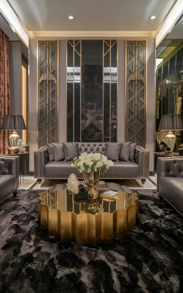 A photo of an Art deco living room with a gold coffee table placed on a plush black area rug. The room has a stunning gold coffee table, a plush black area rug, a gray sofa with gold accents, and a few other pieces of furniture. The walls have gold accents and intricate patterns. The room is well-lit and has a glamorous ambiance.