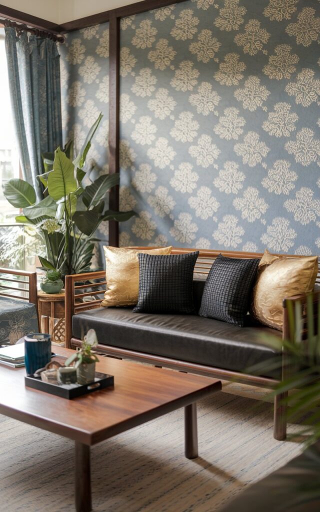 A photo of a stunning Asian Zen living room with black and gold textured pillows. The room has a cozy yet chic look, with a well-lit space and a well laid-out layout. The walls are decorated with a wallpaper with a pattern of white flowers on a blue background. There is a wooden coffee table in the center of the room, with a few items on top. There are also a few plants in the room.