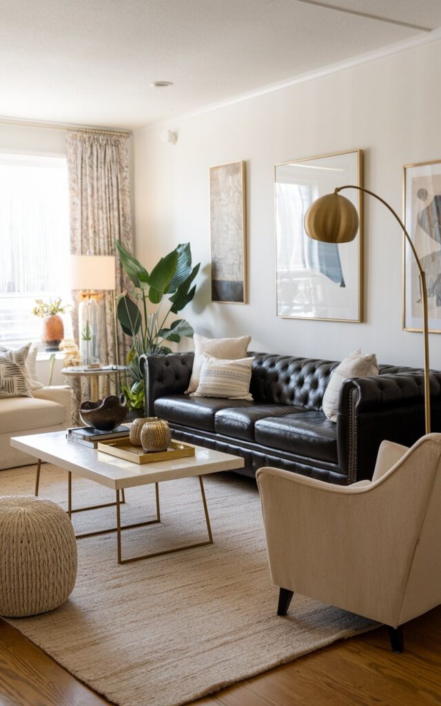 A photo of a Bohemian-style living room with a gold floor lamp beside a black leather sofa. The room has a beige rug, a white coffee table, and a beige armchair. There are also several decorative items, such as a plant, a decorative bowl, and a lamp. The walls are adorned with artwork. The room is well-lit and well-laid out.