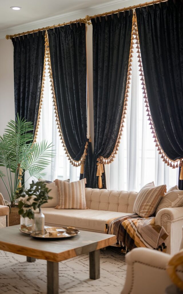 A photo of a Boho living room with black curtains and gold tassels. The room has a royal vibe. There is a beige sofa with pillows, a wooden coffee table, and a plant. The curtains are hanging on either side of the window. The room has a well-lit atmosphere.