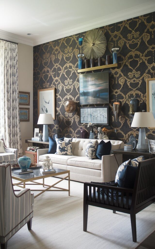 A photo of a coastal-style living room with a black wallpaper featuring gold accents. The room has a dramatic wall with the black wallpaper and gold accents. The room is well-lit and has a well-laid-out design. There are a few pieces of furniture in the room, including a couch, a chair, and a coffee table. There are also some decorative items on the wall and around the room.