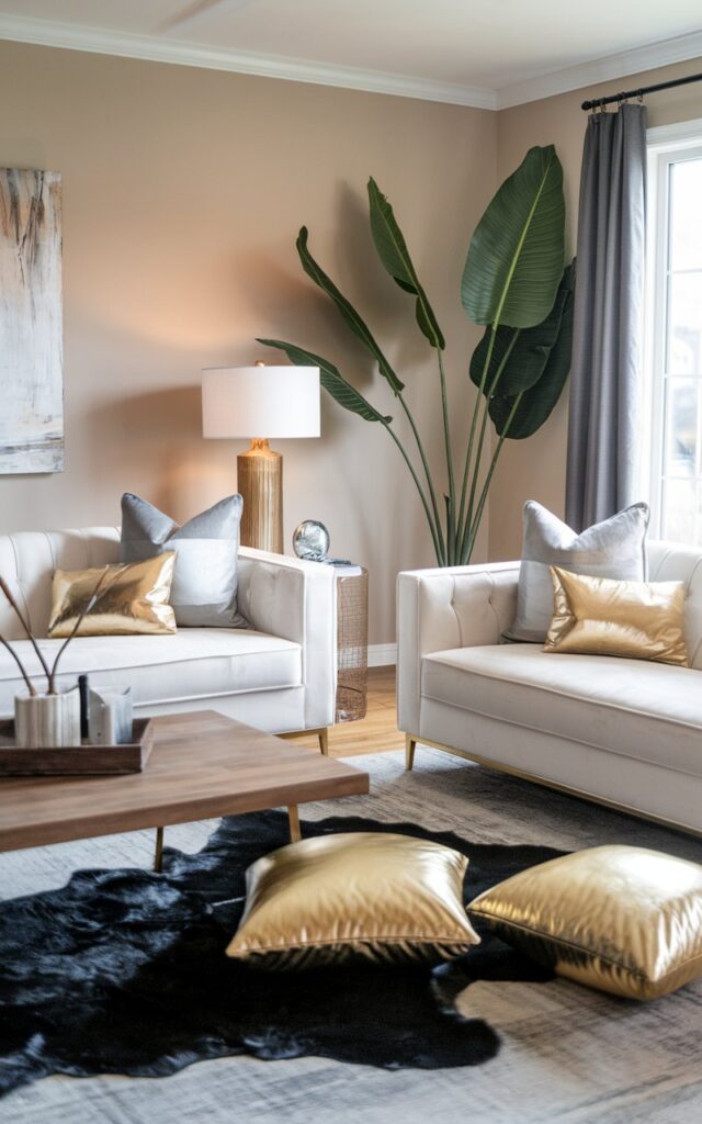 A photo of a contemporary living room with a black fur rug and gold metallic cushions for texture. The room has a white sofa with gold legs, a wooden coffee table, and a large plant. The walls are painted a soft beige. There is a lamp on the side table. The room is well lit and well laid-out.