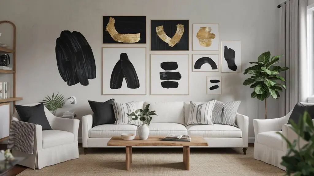 A photo of a cottagecore living room with a black and gold art gallery wall. There are 5-8 black and gold art pieces of different shapes and sizes hung on one wall. The room has a white couch, a wooden coffee table, and a potted plant. There is a rug in front of the couch. The room has soft lighting.