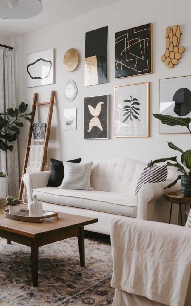 A photo of a cottagecore living room with a black and gold art gallery wall. There are 5-8 art pieces of different shapes and sizes hung on one wall. The room has a white sofa, a wooden coffee table, and a potted plant. There is a wooden ladder next to the wall. The floor is covered with a patterned rug. The room is well-lit and well-laid-out.