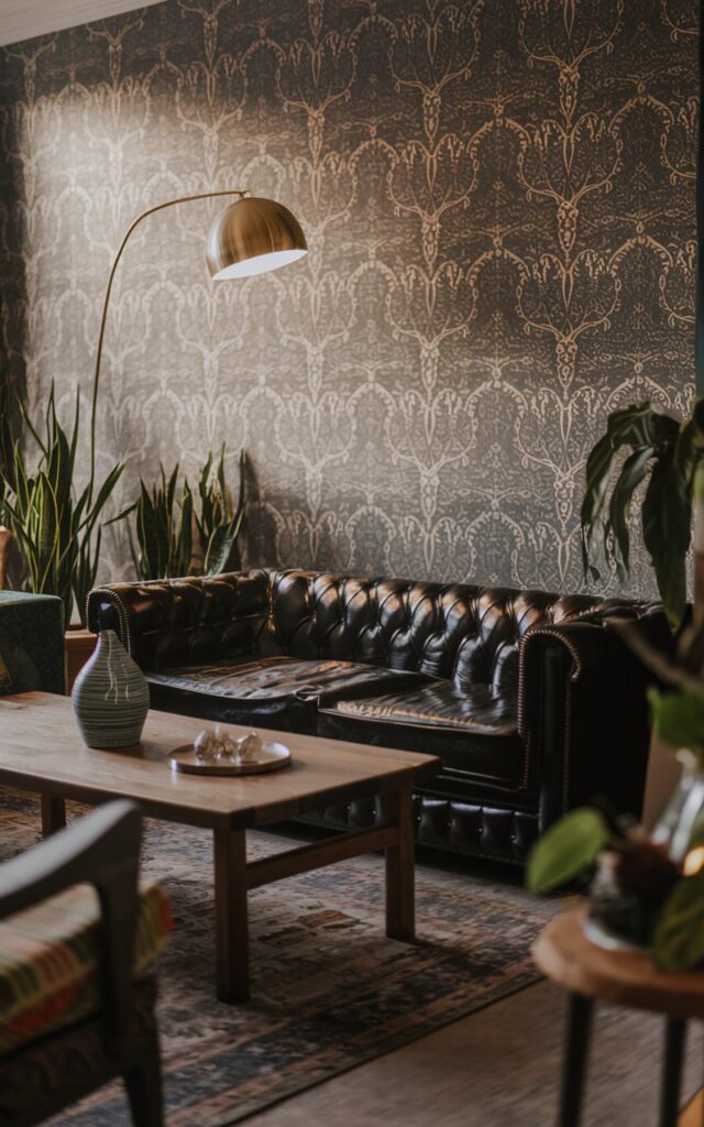 A photo of a well-lit and well-laid-out eclectic living room. There's a gold floor lamp over a black leather sofa. On the wall, there's a patterned wallpaper with a floral design. There's a wooden coffee table in the middle of the room. There are also a few potted plants and a decorative vase. The room has a rug. The lighting is warm and inviting.