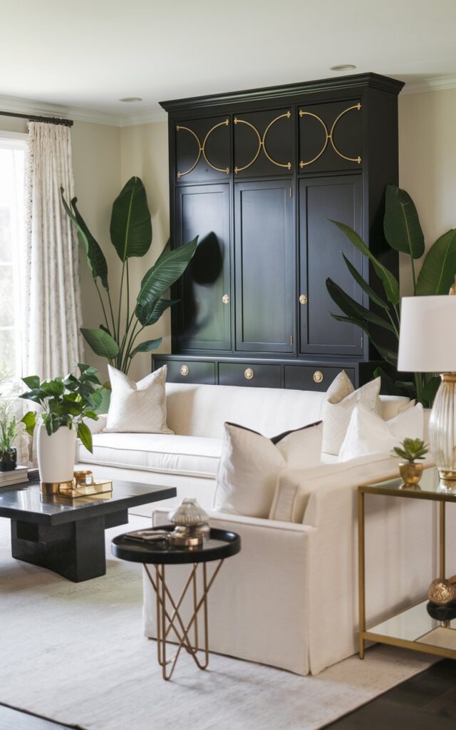 A photo of a well-lit and well-laid-out glamorous living room with gold hardware on black cabinetry for a polished look. The room has a white sofa, a black coffee table, and a few potted plants. There is a black cabinet with gold hardware near the sofa. The walls are painted in a light color. The floor is covered with a white rug. The room has a few decorative items, including a lamp and a small table.