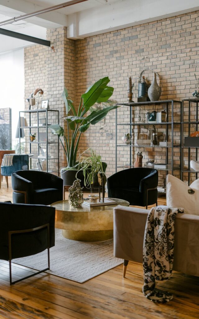 A photo of an industrial-style living room. There's a gold coffee table in the center. Surrounding the table are black velvet chairs. There's a large plant in the corner. The walls are exposed brick. The floor is made of wooden planks. There are various decorative items on the shelves. The room is well-lit.