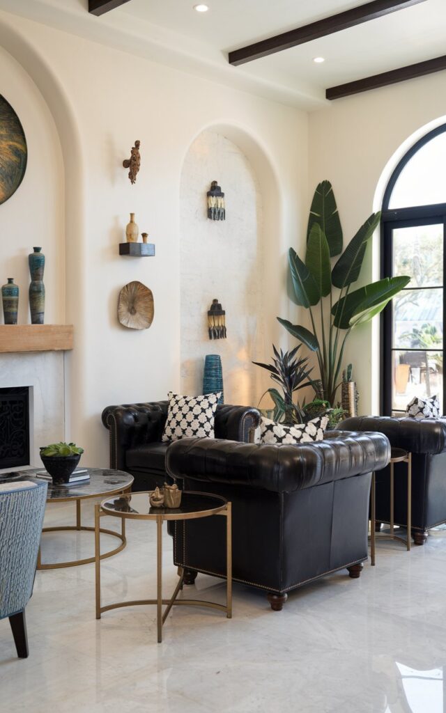 A photo of a well-lit, well-laid-out Mediterranean living room. The room contains a black leather seating with gold metal side tables. The walls are adorned with decorative items. There's a large plant in the corner. The floor is made of white marble.