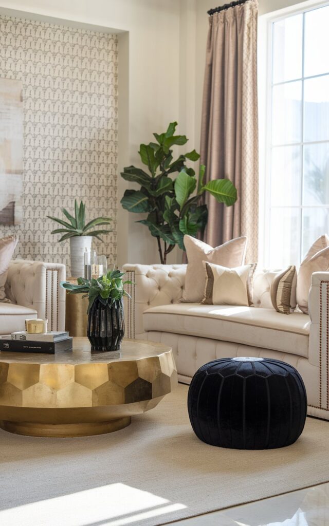 A photo of a stunning Mediterranean living room with a black velvet pouf next to a gold coffee table. The room has a well-laid-out design with a beige rug and a patterned wallpaper. There is a beige sofa with gold accents, and a potted plant. The room is well-lit with natural light streaming in through a window.