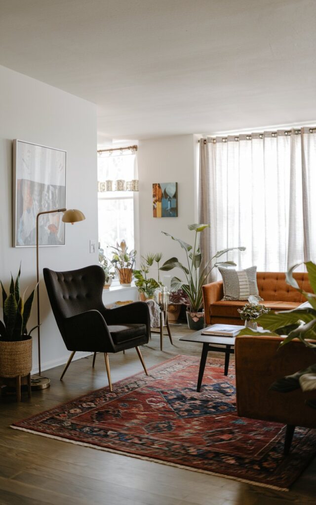 A photo of a Mid-Century Modern living room. There is a black accent chair with gold legs near a reading lamp. The room is well lit and well laid-out, with a rug, a coffee table, and a sofa. The walls are white, and there are some plants and a painting on the wall. The room has a large window with curtains.