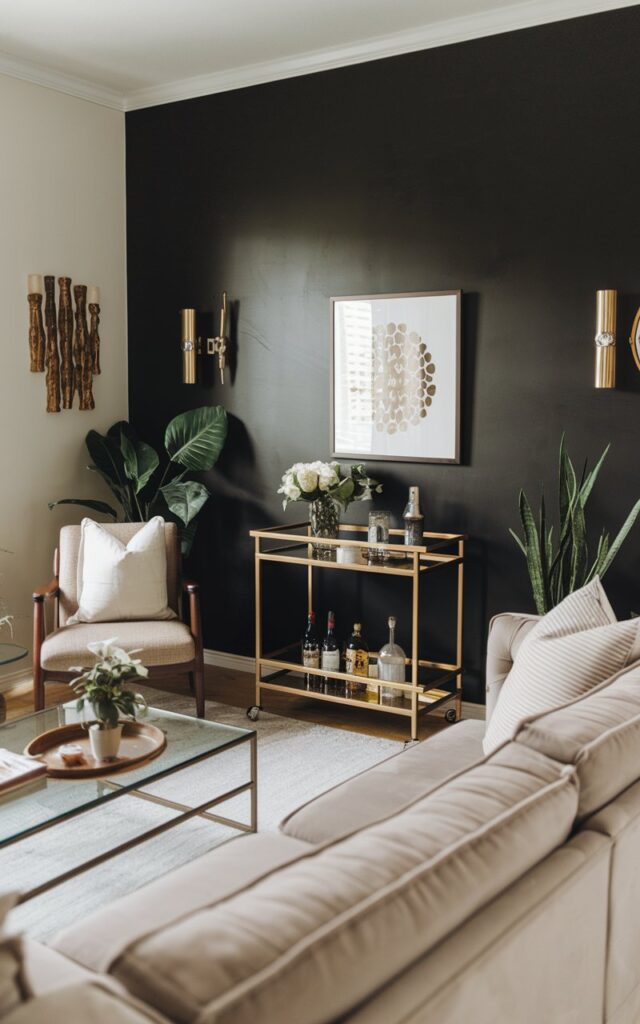 A photo of a mid-century modern living room with a gold bar cart against a black wall, creating a chic cocktail corner. The room has a beige sofa, a few chairs, a coffee table, and a plant. There are also some decorative items on the wall and the coffee table. The room has a well-lit atmosphere.