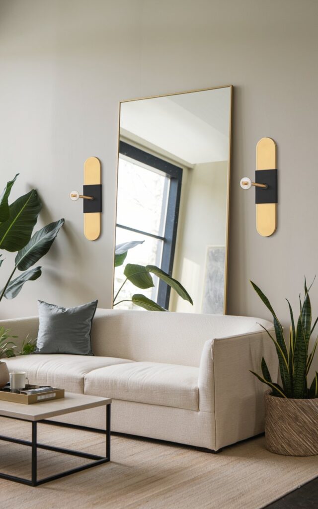 A photo of a minimalist living room with black and gold sconces placed on either side of a large mirror. The room has a beige sofa, a few plants, and a coffee table. The walls are painted in a light grey color. The floor is covered with a beige rug. The room is well lit and has a well-laid-out design.