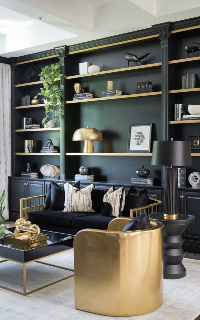 A photo of a well-lit, modern living room with black and gold bookshelves. The room has a chic decor and is filled with various items. There's a black and gold sofa in the room. There's a black coffee table, a black lamp, and a gold decorative item in front of the sofa. There's a green plant on the left bookshelf. The room has a minimalist design and the furniture is arranged in a symmetrical manner.