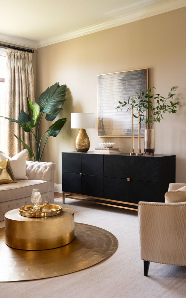 A photo of a well-lit, well-laid-out romantic living room with a black credenza and gold accent pieces. The room has a plush beige carpet and white walls. The credenza is placed against the wall, and it has gold handles and a gold mirror above it. There's a gold lamp on the left side, next to a potted plant. The room has a chandelier, a few artworks, and a few decorative items. The lighting is soft.