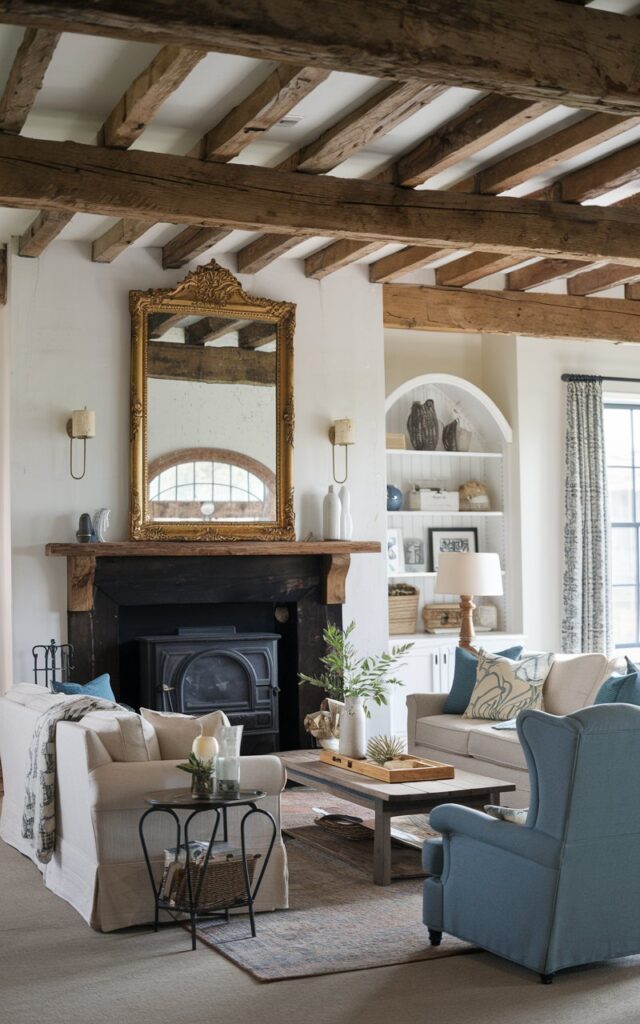 A photo of a rustic farmhouse living room with a gold-framed ornate mirror above a black fireplace. The room has a wooden beam ceiling, a beige sofa, a blue armchair, a wooden coffee table, and a few decorative items. There is a rug on the floor. The room is well-lit and has a cozy atmosphere.