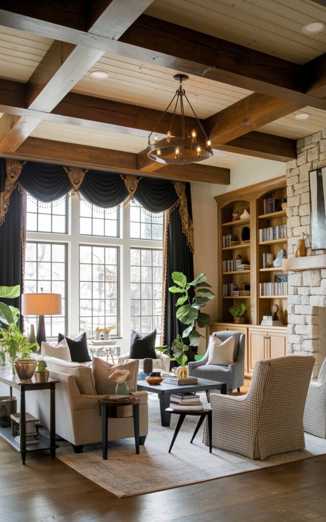 A photo of a well-lit, well-laid-out rustic-style living room with a wooden beam ceiling and a stone fireplace. There's a comfortable sofa, a couple of chairs, a coffee table, and a bookshelf filled with books and decorative items. The room has large windows framed with black and gold drapery for elegance. The floor is covered with a rug. There are also a few potted plants in the room. The lighting is warm and inviting.