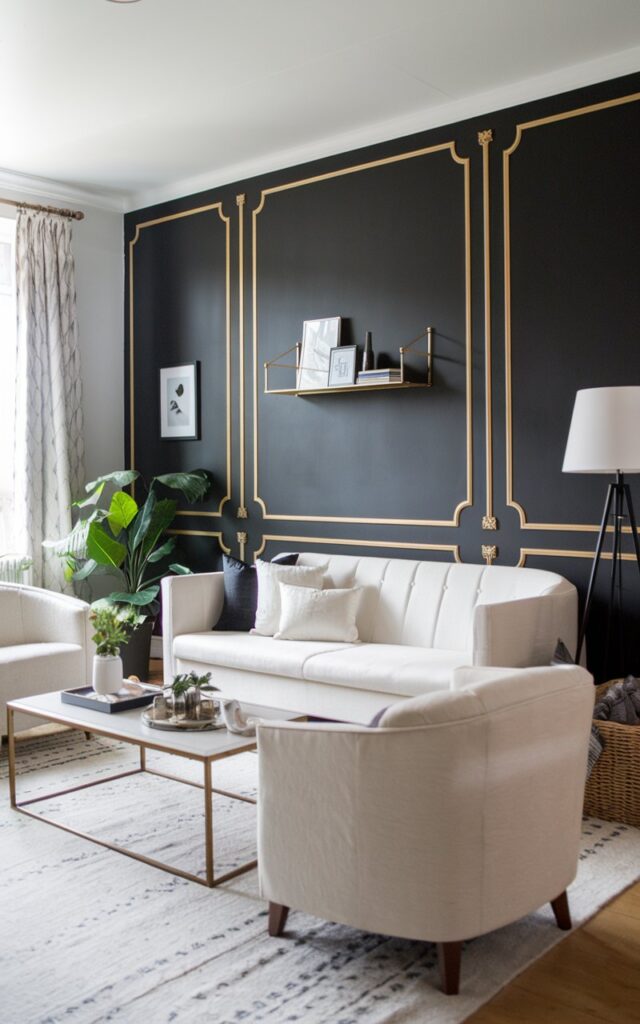 A photo of a Scandi living room with a stunning matte black wall with gold trim as an accent wall. The room features a white sofa, a few chairs, a coffee table, and a plant. There's a lamp on the coffee table and a wall shelf with a few items. The floor is covered with a rug. The room is well-lit and well laid-out.