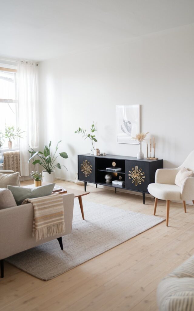 A photo of a Scandinavian living room with a Black Media Console with Gold Decorative Accents. The room has a light wooden floor and white walls. There is a beige sofa with a few pillows, a white chair, and a wooden coffee table. The Black Media Console is placed against the wall and has a few decorative items. The room is well lit and has a few plants.