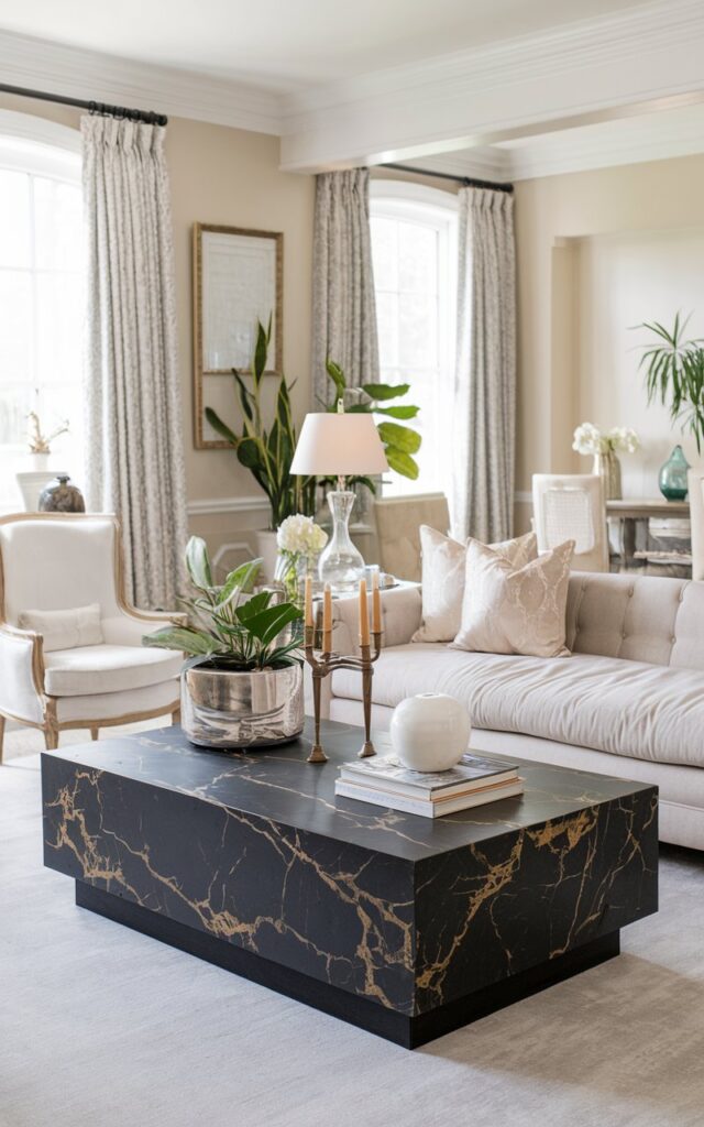 A photo of a stunning Shabby Chic living room with a Black Marble Coffee Table with Gold Veining for Opulence. The room is well-lit and well laid-out, with a comfortable sofa, a few chairs, and a few decorative items. The coffee table is placed in front of the sofa. The walls are painted in a light color, and there are a few plants in the room.
