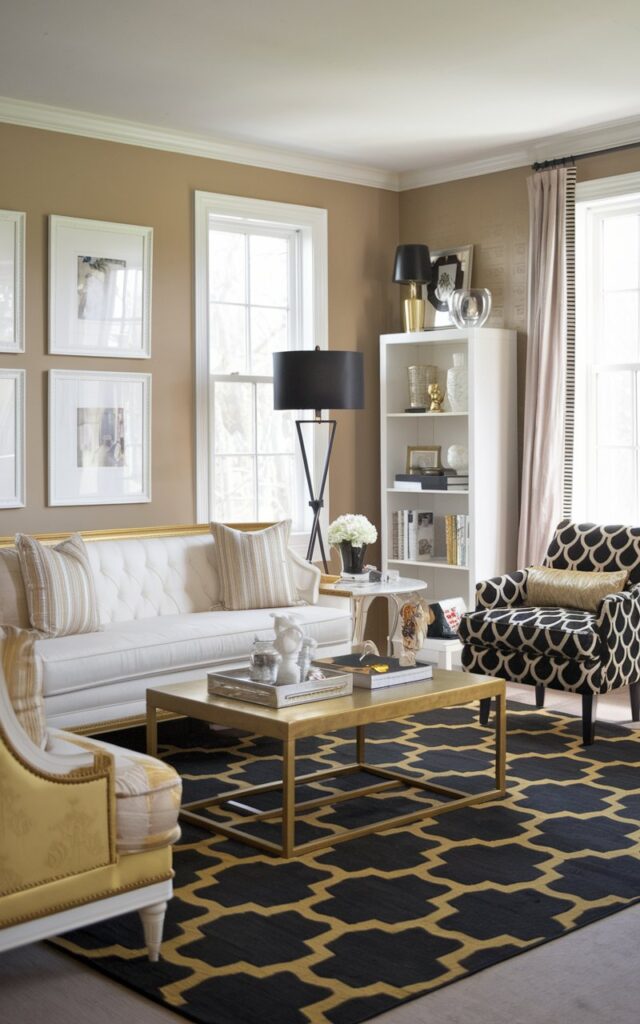 A photo of a shabby chic living room with a black and gold area rug. The room has a white couch with gold accents, a gold coffee table, and a black and gold patterned chair. There are also a white bookshelf and a black lamp. The walls are painted beige and have white frames. The room is well-lit by natural light coming from a window and a floor lamp.