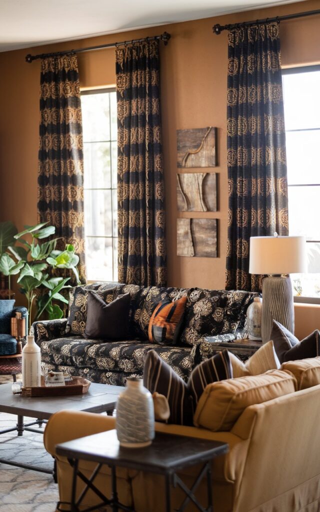 A photo of a Southwestern-style living room with black and gold patterned curtains, a suitable wallpaper, and a well-lit ambiance. The room is well laid out, with a comfortable sofa, a coffee table, and a few decorative items. There are also a few plants in the room. The walls are painted in a warm hue.