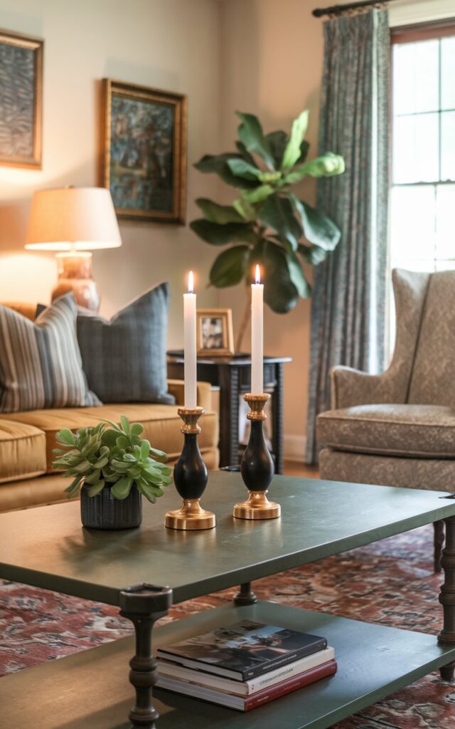 A photo of a well-lit, well-laid-out traditional living room with a coffee table in the center. On the coffee table, there are two black and gold candleholders with lit candles. The room has a rug, a sofa, a chair, and a plant. The walls have a few pieces of art. The lighting is warm.