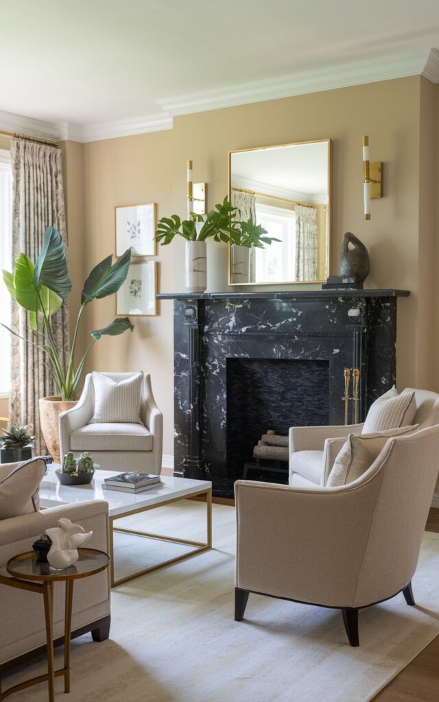 A photo of a well-lit, well-laid-out Transitional living room with a Black Marble fireplace and gold fixtures for a timeless appeal. The room has a beige sofa, two beige armchairs, a coffee table, and a side table. There are also a few potted plants and a decorative object on the mantel of the fireplace. The walls are painted in a soft beige color.