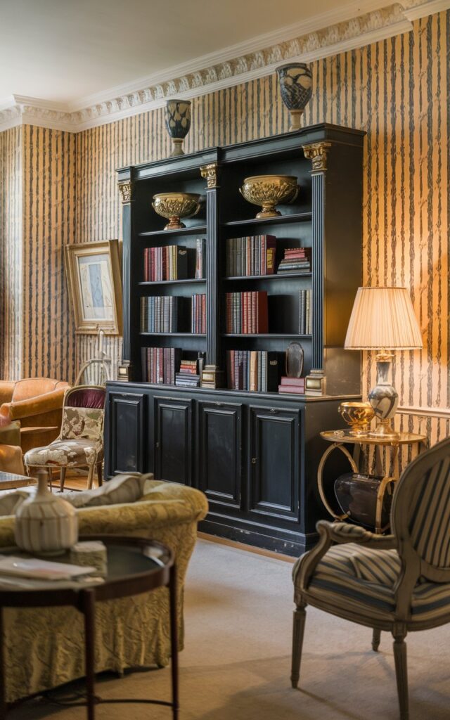 A photo of a vintage living room with a black bookcase and gold decorative objects. The room has a wallpaper with a floral pattern. There is a well-lit lamp on a table next to the bookcase. The room is well laid-out, with a comfortable looking sofa and a few other chairs.