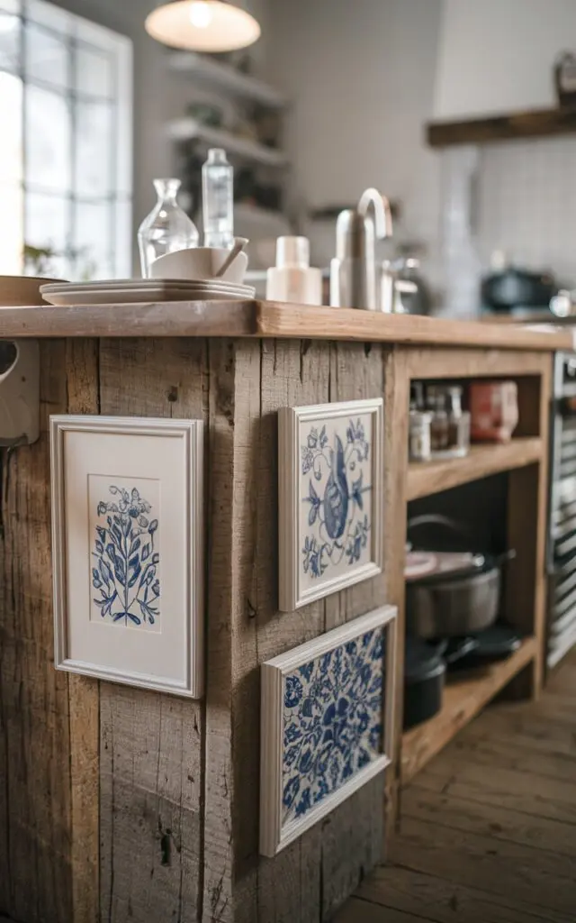 A mid-shot photo of a rustic kitchen island with a few framed prints or tiles stuck on the side as art. The island is fully functional and has essentials on it. The lighting is ambient, even, and soft. The kitchen is seen blurred in the background.