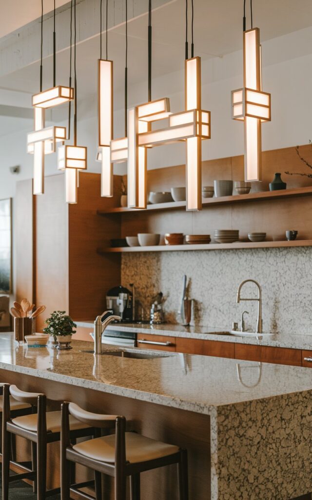 A photo of a Bauhaus kitchen with a granite countertop and a kitchen island. The island has seating and is equipped with essential kitchen appliances. The focal point of the image is the unique pendant lights hanging above the island. These lights are arranged at varying heights, creating a dynamic look. The warm light from the pendant lights illuminates the space.