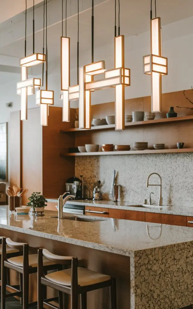 A photo of a Bauhaus kitchen with a granite countertop and a kitchen island. The island has seating and is equipped with essential kitchen appliances. The focal point of the image is the unique pendant lights hanging above the island. These lights are arranged at varying heights, creating a dynamic look. The warm light from the pendant lights illuminates the space.