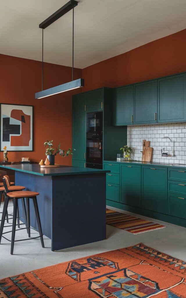 A photo of a Bauhaus-style modern kitchen with a deep navy island, emerald green cabinets, and burnt orange accents on the wall, furniture, and rug. The linear pendant light hangs over the island. The room has a soft, diffused natural light.
