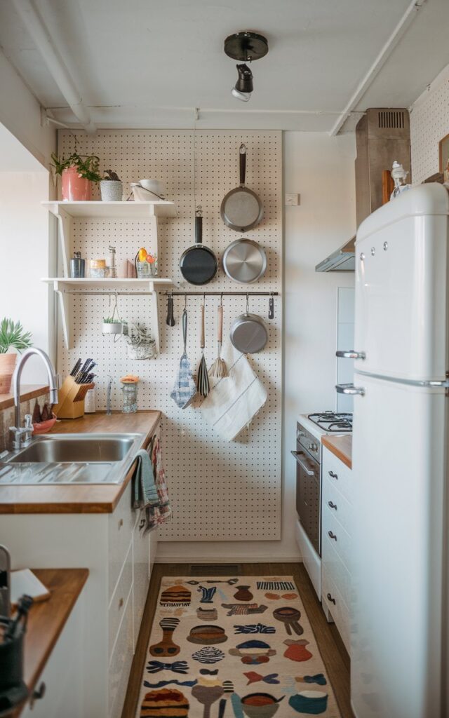 A photo of a small galley kitchen with a Bohemian and Scandi style. The kitchen has a pegboard on one of the walls with a few hanging pots, pans, and decor items. There is a kitchen-themed rug on the floor. The ceiling has a spotlight. The kitchen is fully furnished with a sink, stove, and refrigerator.