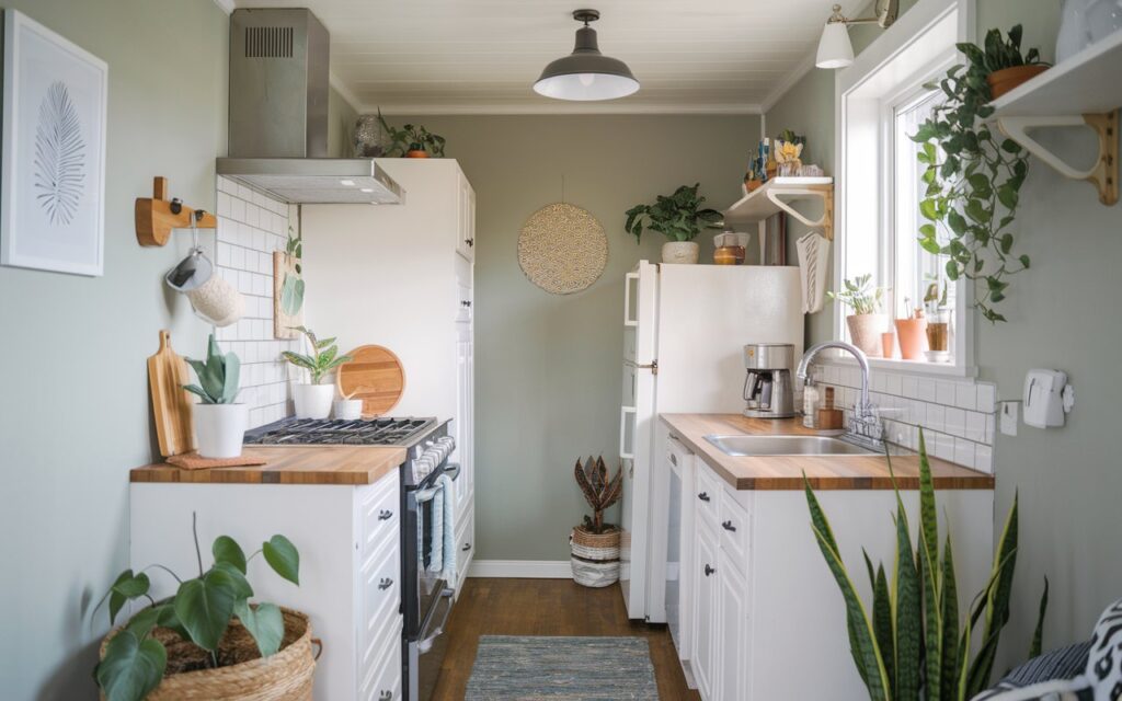 A photo of a fully-furnished tiny kitchen with a Bohemian and farmhouse style. The kitchen has a stove, sink, refrigerator, and cabinets. There is a pendant light hanging from the ceiling. The walls are painted in a soft grey colour. There are plants, a small rug, and a few decorative items on the floor.