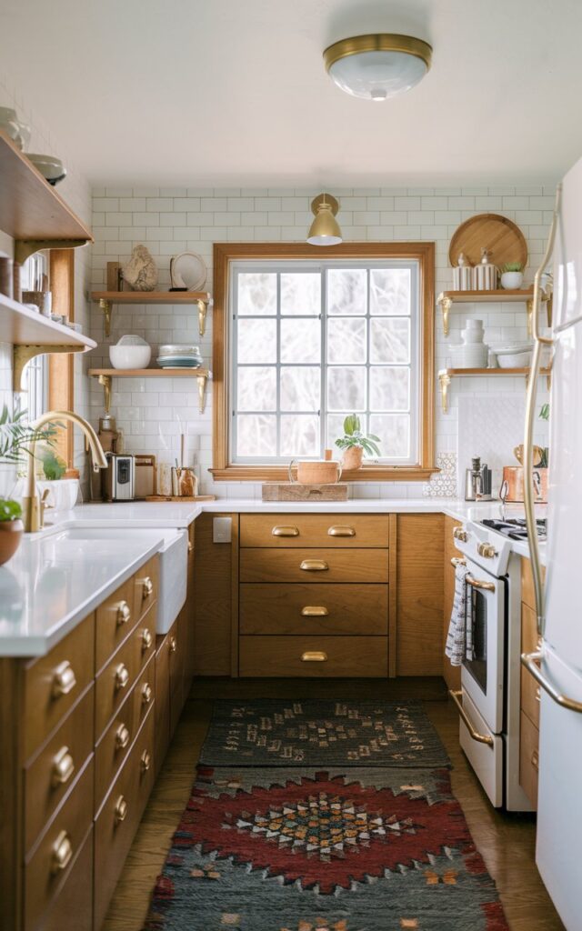 A photo of a Bohemian + mid-century modern alder kitchen. The kitchen has a gold or brass touch in handles, window frames, and floating shelves. The kitchen is fully-furnished with rugs, a ceiling light, and other appliances. The lighting is soft and neutral.