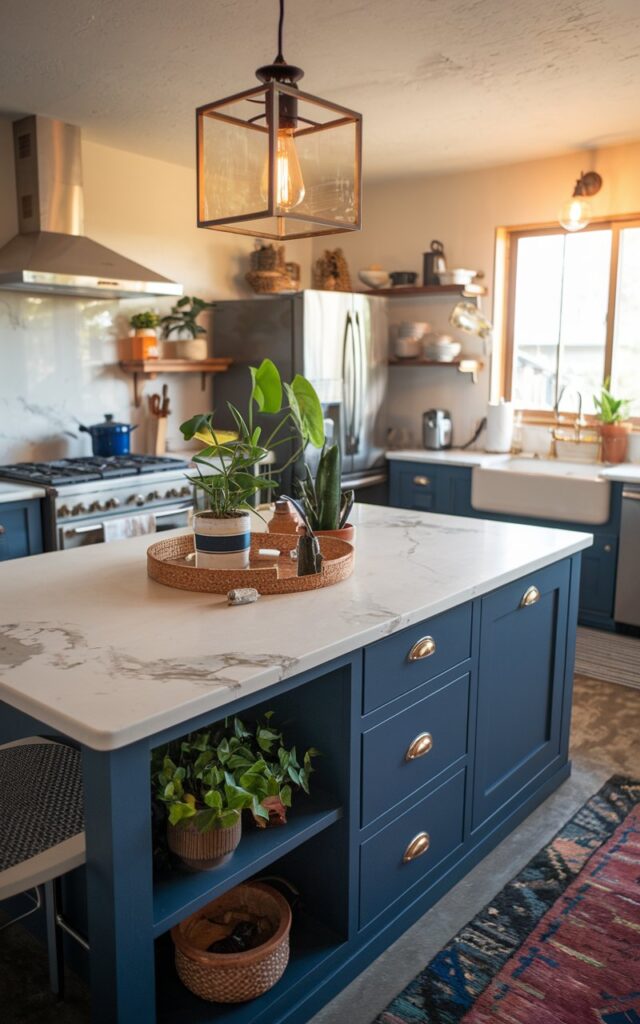 A photo of a bohemian-style kitchen with a navy blue island topped with a white marbled quartz countertop. The island has a few potted plants, a decorative bowl, and a lamp with an Edison bulb. The kitchen is fully furnished with appliances, including a stove, oven, sink, and refrigerator. There's a rug on the floor with a contrasting pattern. The lighting in the room is warm and ambient.