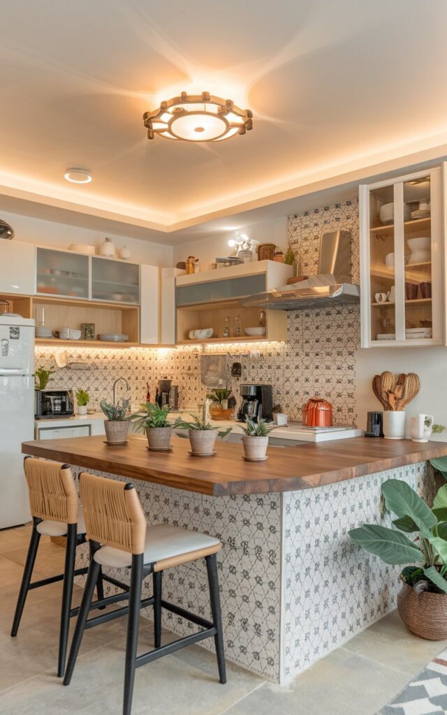 A photo of a boho modern kitchen with a built-in seating area around the island. The kitchen is fully furnished with a variety of appliances, cabinets, and decorative items. The ceiling has a light fixture that emits warm, diffused lighting. The island has a wooden top and features potted plants. The backsplash has a patterned tile design. There are chairs and a plant near the island.