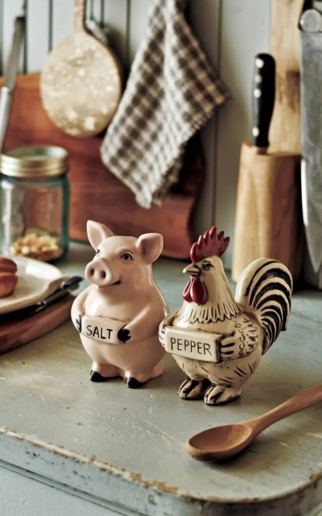 A photo of a rustic coastal kitchen countertop with a vintage, animal-shaped salt and pepper shaker set. The shakers are shaped like a pig and a rooster. The pig shaker is holding a sign that says "salt", and the rooster shaker is holding a sign that says "pepper". There is a wooden spoon next to the shakers. The background contains a few other kitchen essentials, such as a canning jar, a dish towel, and a knife. The overall image has a warm, earthy tone.