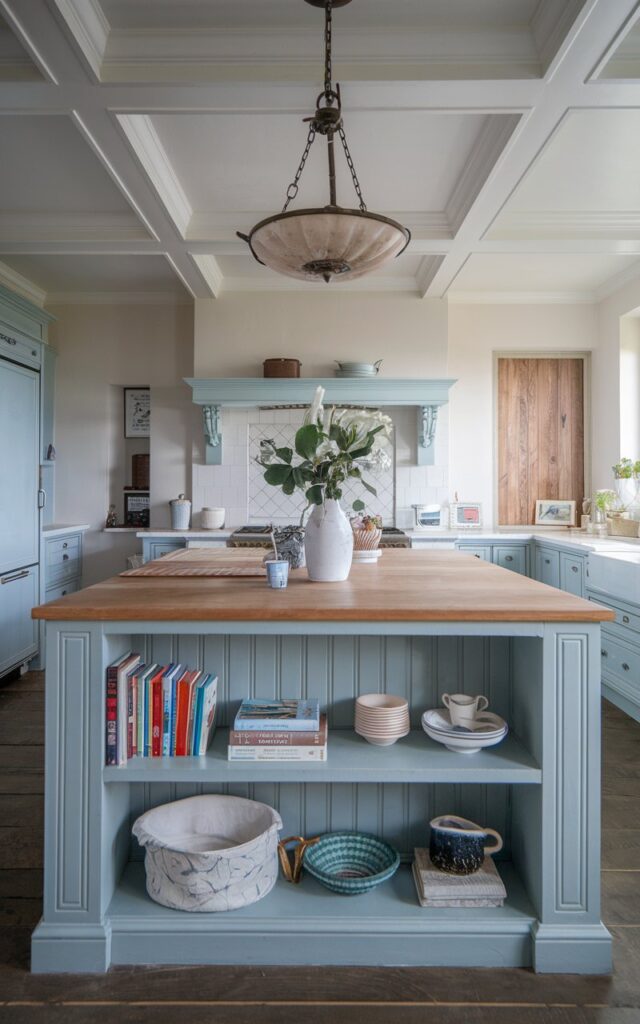 A photo of a coastal and shabby chic kitchen with a fully furnished island. The island has a built-in shelf with a few cookbooks and decor items. The eye-level shot captures the island, the hanging chandelier with an unusual shape, and the trim ceiling. The lighting is even.