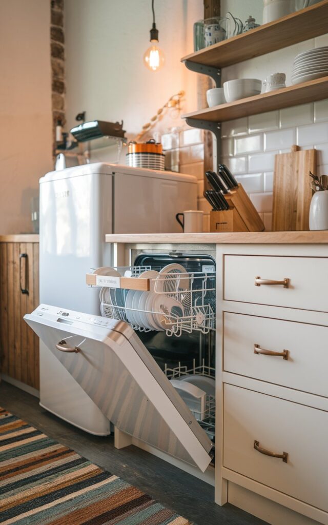A photo of a small galley kitchen with a cottagecore and industrial style. There is a slimeline dishwasher with the door open, revealing clean dishes inside. The dishwasher is placed next to the wall, freeing up cabinet space. The countertop and appliances have wooden accents. There is a hanging edison bulb on the ceiling. The floor has a contrasting rug. The lighting is warm and soft.
