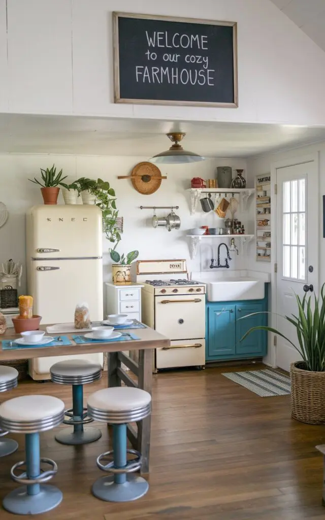 A photo of a farmhouse with a coastal kitschy kitchen. The kitchen is fully furnished with a dining table and retro-style diner stools in a corner. There is a vintage refrigerator, a stove, and a sink. On the wall, there is a chalkboard with the text "Welcome to our cozy farmhouse". There are potted plants and a basket near the door. The floor is made of wood.