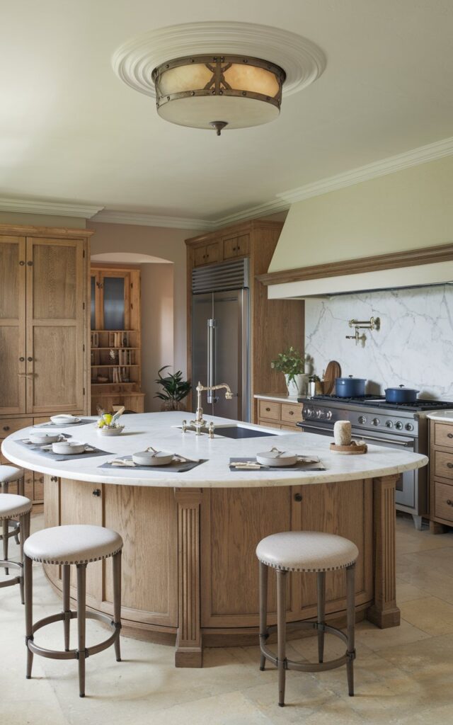 A photo of a French country kitchen with a modern curved island. The island has a white marble countertop and is equipped with a sink, a faucet, and a few pots. There are stools around the island. The kitchen has a full-furnished, with wooden cabinets, a stove, a refrigerator, and a oven. The ceiling has a light with metalwork. The lighting is soft and warm.