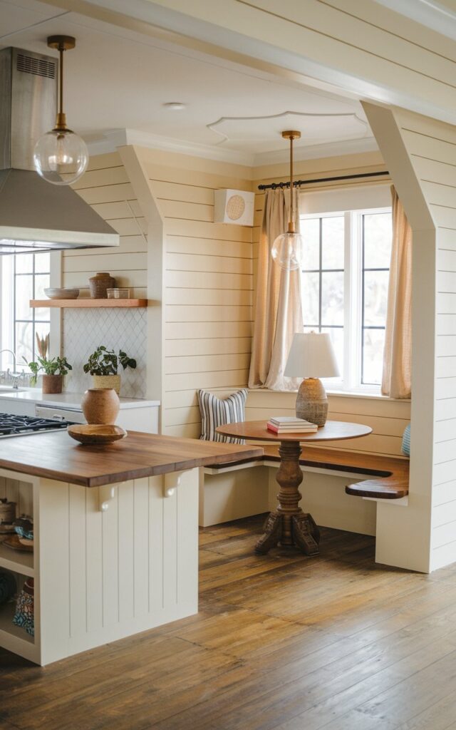 A photo of a Japandi-Southwestern kitchen with a large island and banquette seating. The island has a wooden countertop and features a range hood, a sink, and a few potted plants. There is a round table with a white lampshade and a few books. The banquette seating has beige shiplap walls and a beige curtain. The floor is made of wooden planks. The ceiling has globe pendant lights. There are a few decorative items, such as a wooden bowl, a ceramic pot, and a few throw pillows. The lighting is warm.