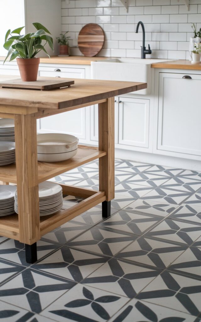 A photo of a Japandi-style kitchen with a wooden island and geometric tilework on the floor. The kitchen has a white cabinet, a wooden countertop, and a black faucet. The island has a wooden cutting board and a potted plant. The floor has a bold geometric pattern in black and white. The focus is on the tiles.
