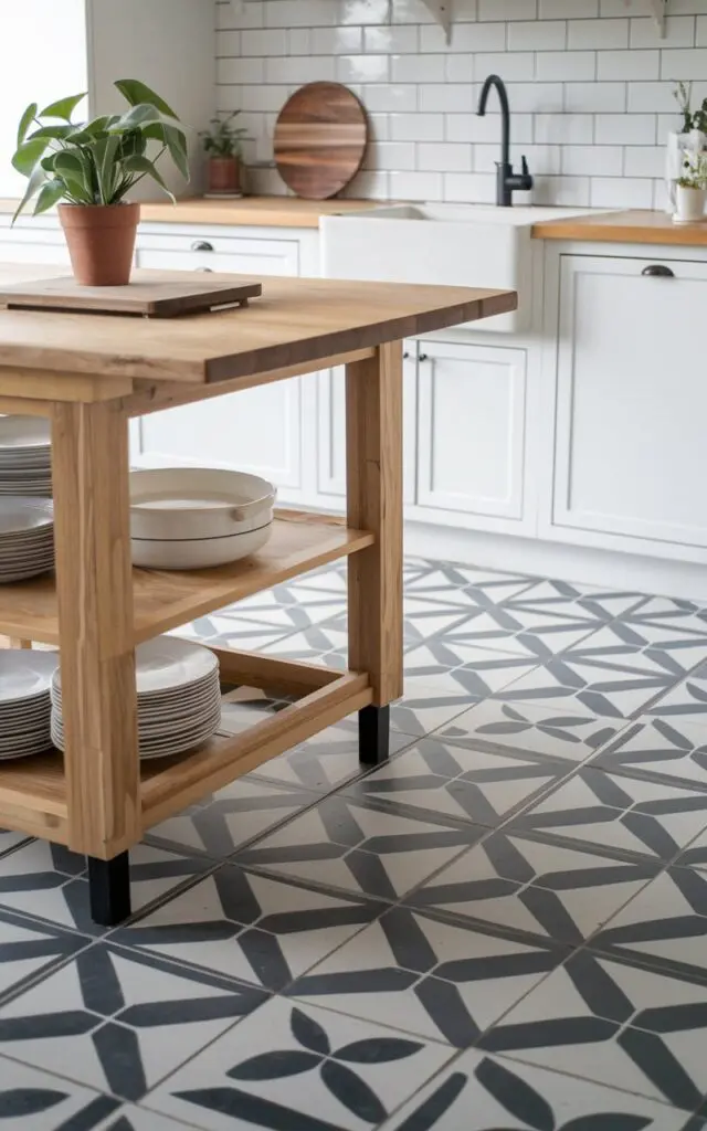 A photo of a Japandi-style kitchen with a wooden island and geometric tilework on the floor. The kitchen has a white cabinet, a wooden countertop, and a black faucet. The island has a wooden cutting board and a potted plant. The floor has a bold geometric pattern in black and white. The focus is on the tiles.