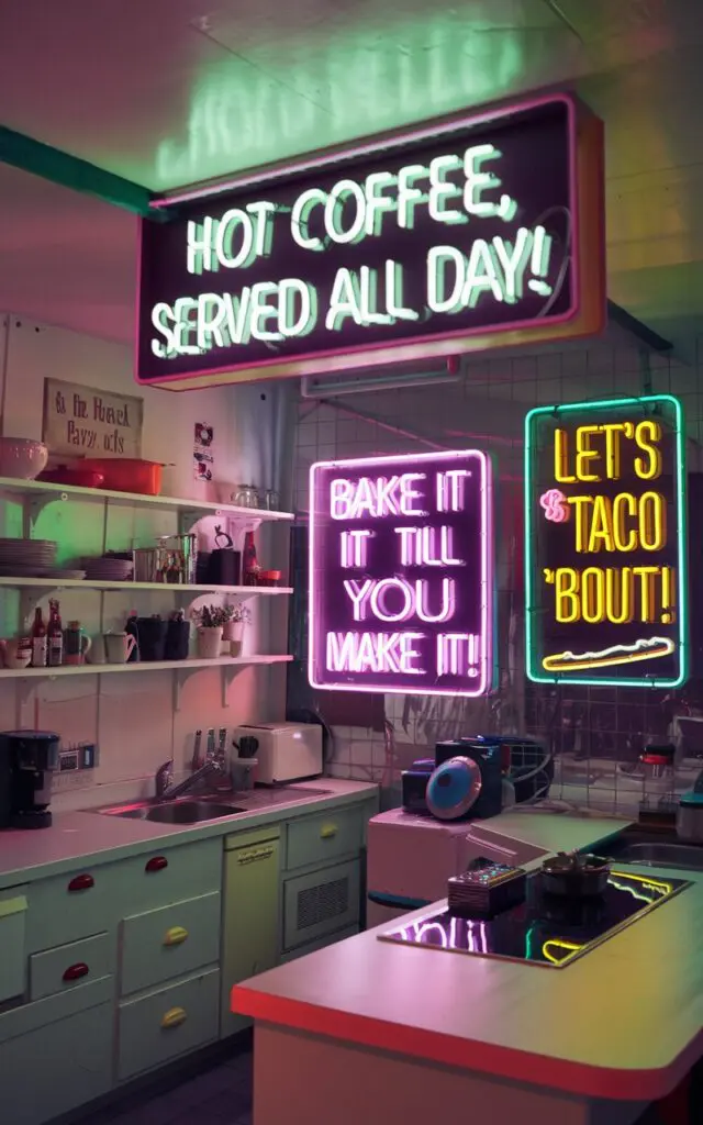 A photo of a mid-century modern kitchen with a chic kitschy vibe. The kitchen has a neon sign board with the phrase "Hot Coffee, Served All Day!". There is also a neon sign board with the phrase "Bake It Till You Make It!". Another neon sign board says "Let’s Taco ‘Bout It!". The kitchen has neon hues and no natural lighting.